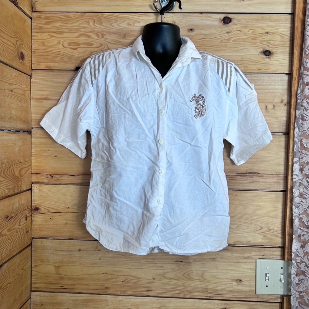 Vintage Joni Blouse Womens Large White Striped Shoulder Safari Embroidered Joni